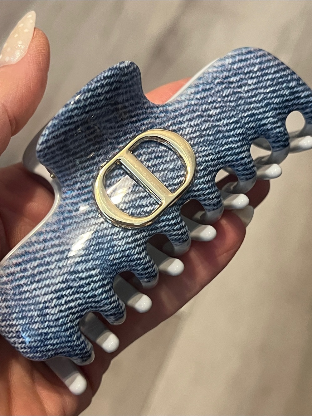 Denim-Print Hair Claw with Gold D Accent - Blue